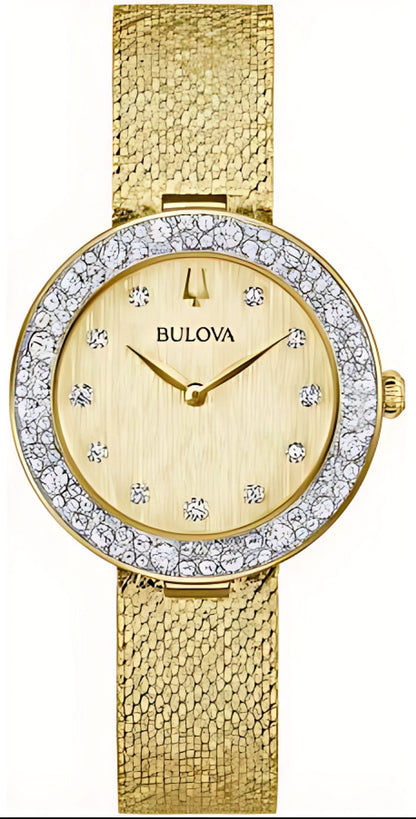 Bulova damklocka med gyllene mesharmband, rund urtavla och gnistrande stenar