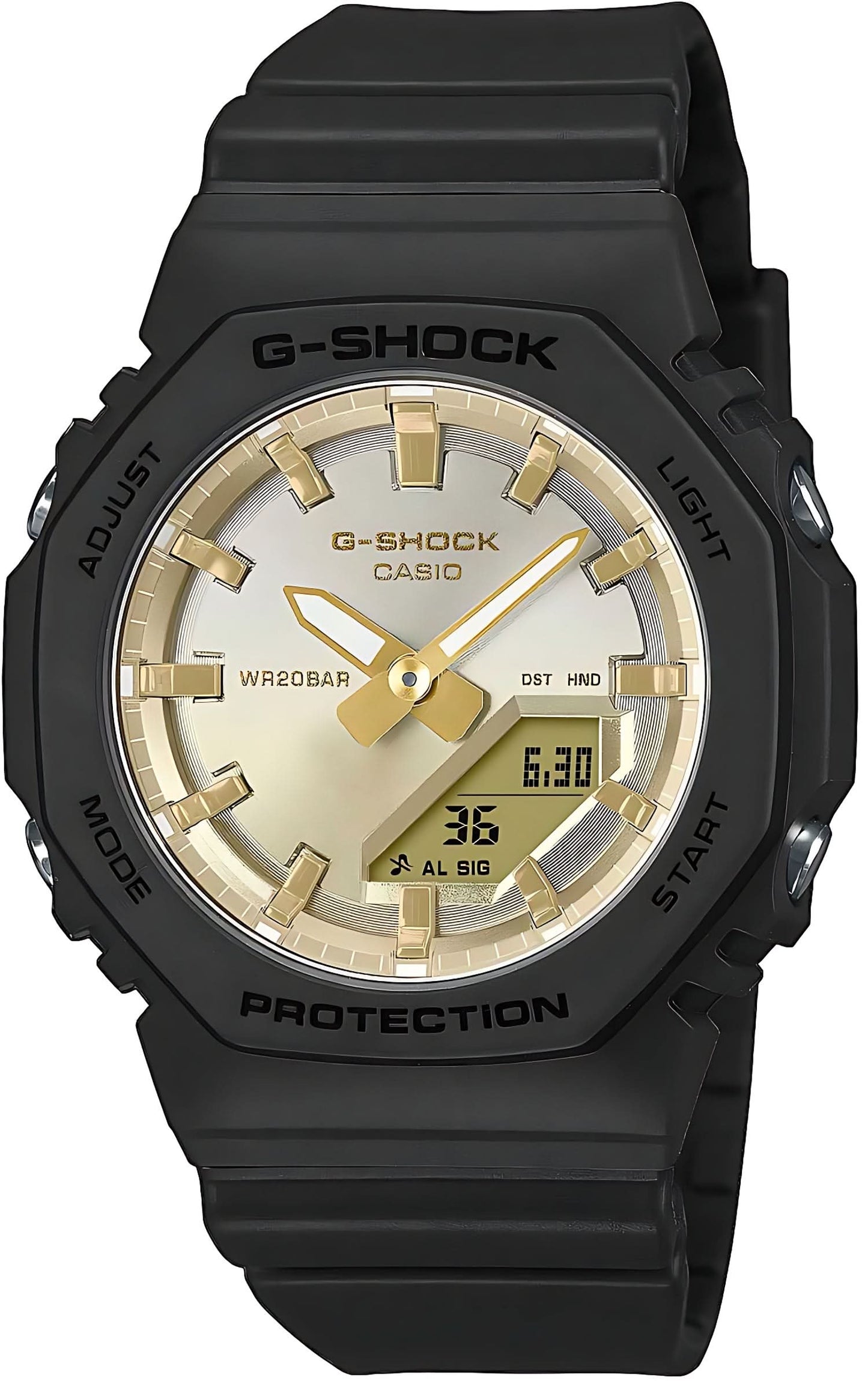 G-Shock damklocka: svart gummiarmband, guldfärgade index, digital display