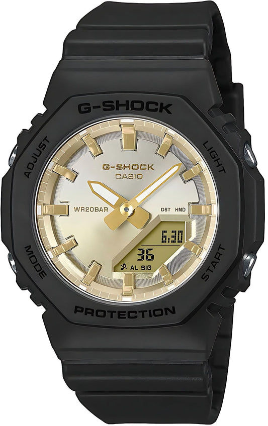 G-Shock damklocka: svart gummiarmband, guldfärgade index, digital display