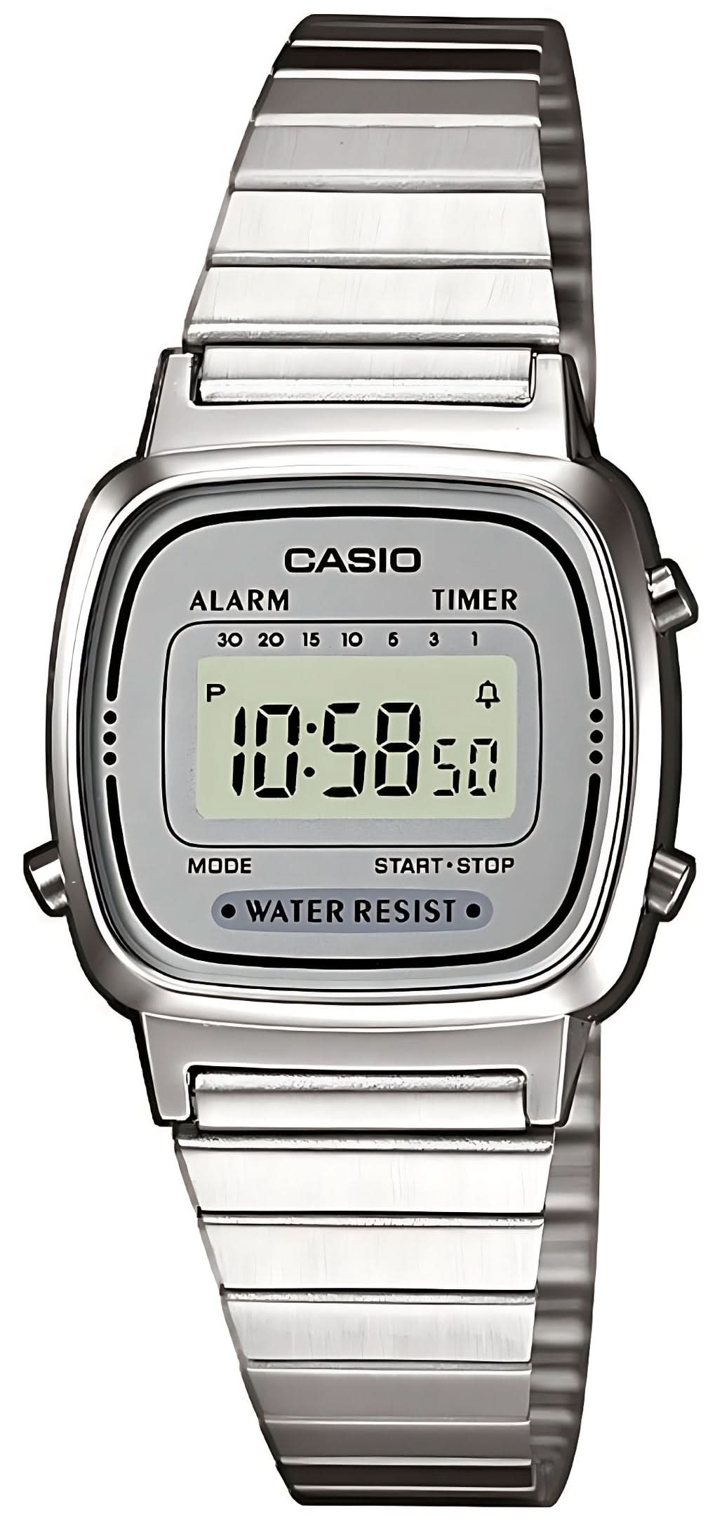 Casio damklocka med silverfärgat metallarmband och rektangulär LCD-display