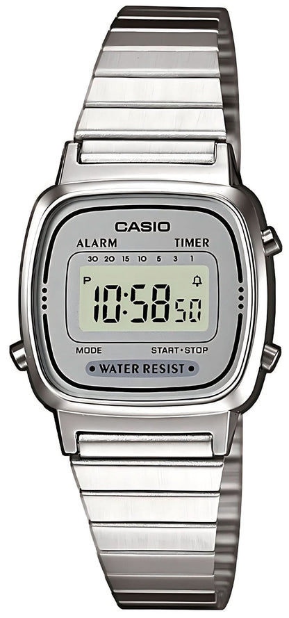 Casio damklocka med silverfärgat metallarmband och rektangulär LCD-display
