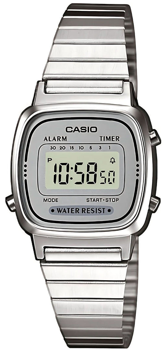 Casio damklocka med silverfärgat metallarmband och rektangulär LCD-display