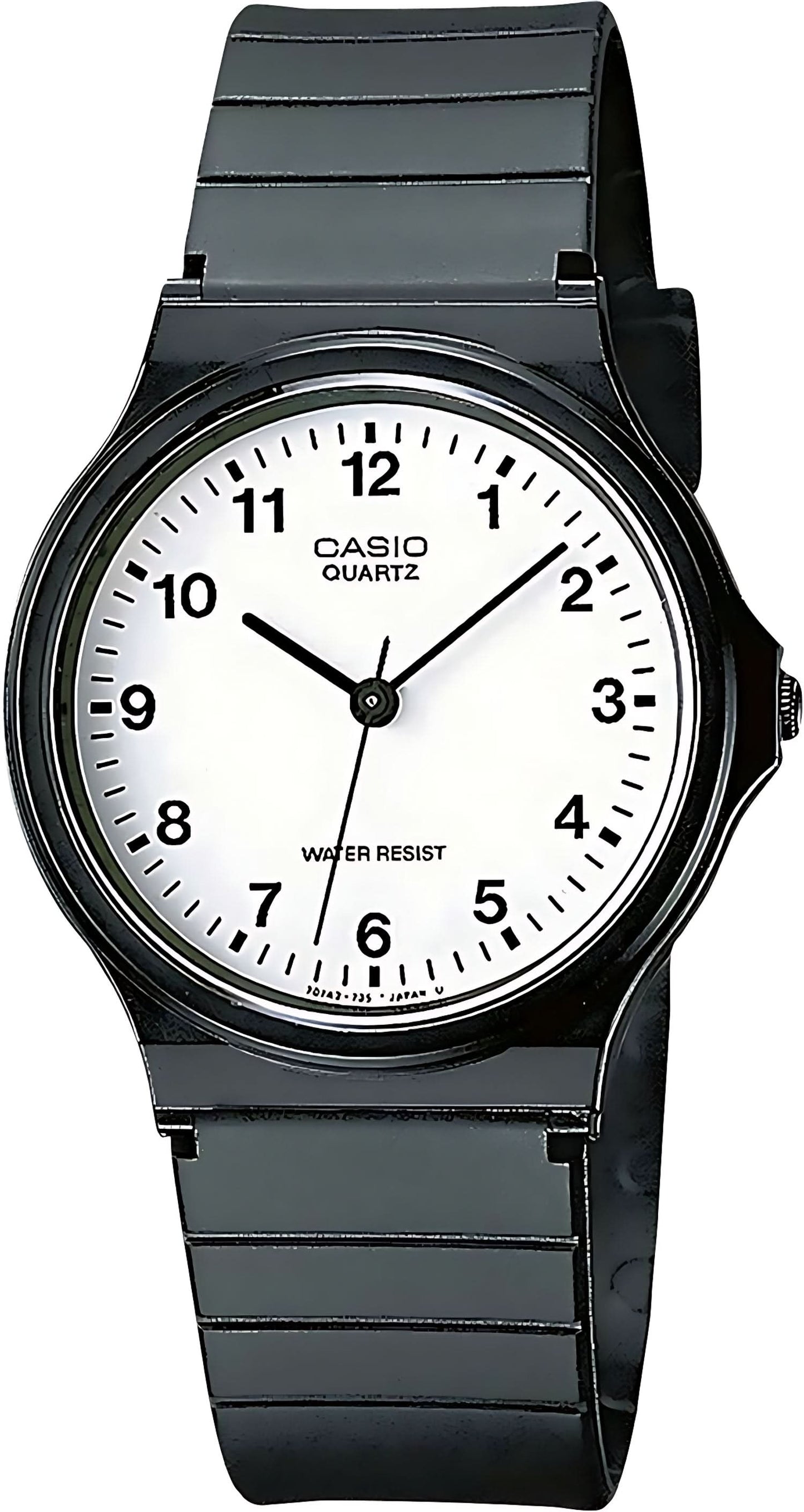 Casio kvartsklocka med rund vit urtavla, svarta visare och svart band