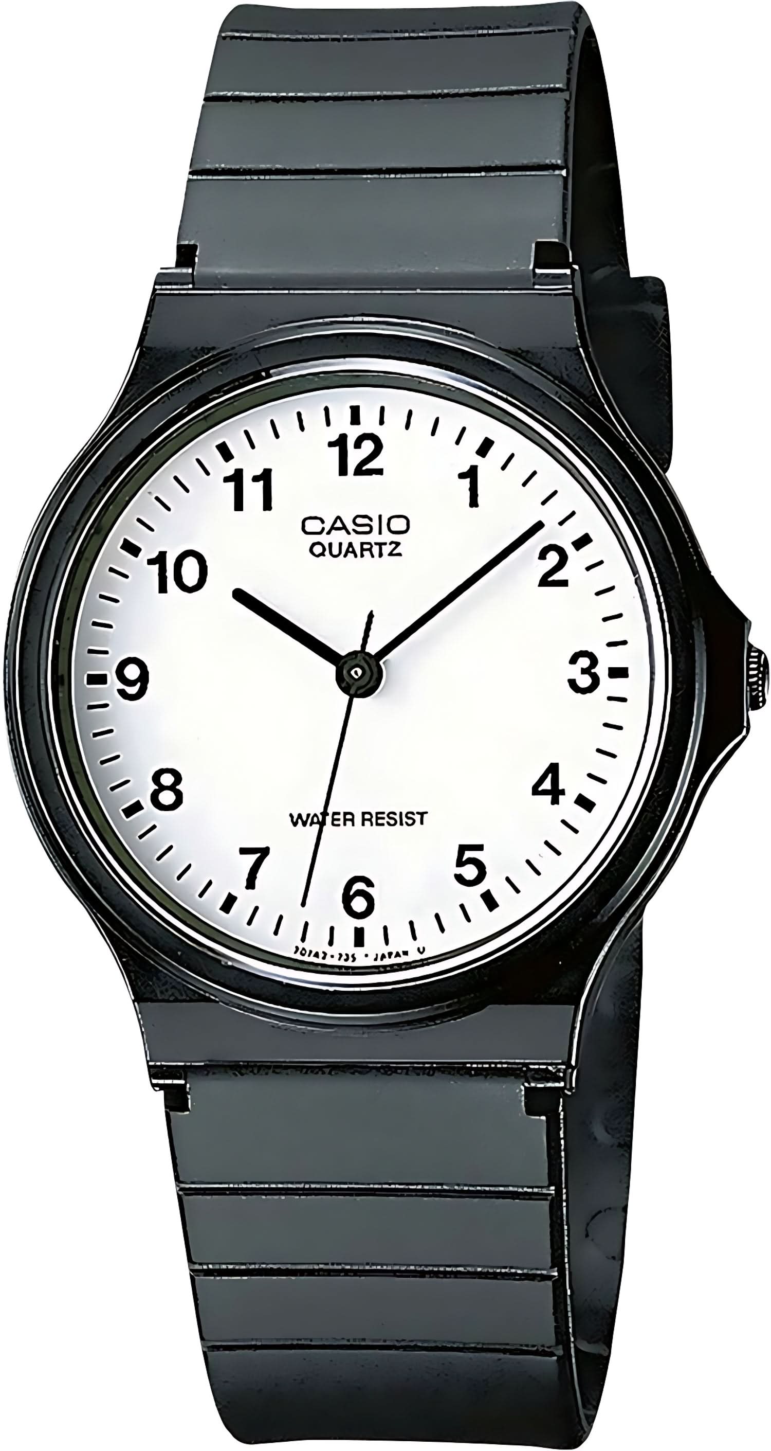 Casio kvartsklocka med rund vit urtavla, svarta visare och svart band