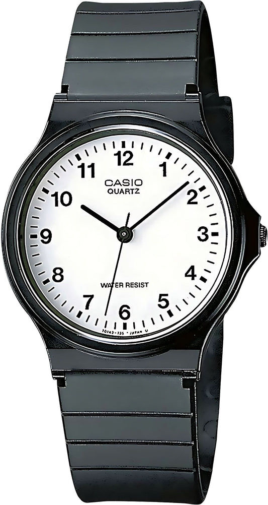 Casio kvartsklocka med rund vit urtavla, svarta visare och svart band
