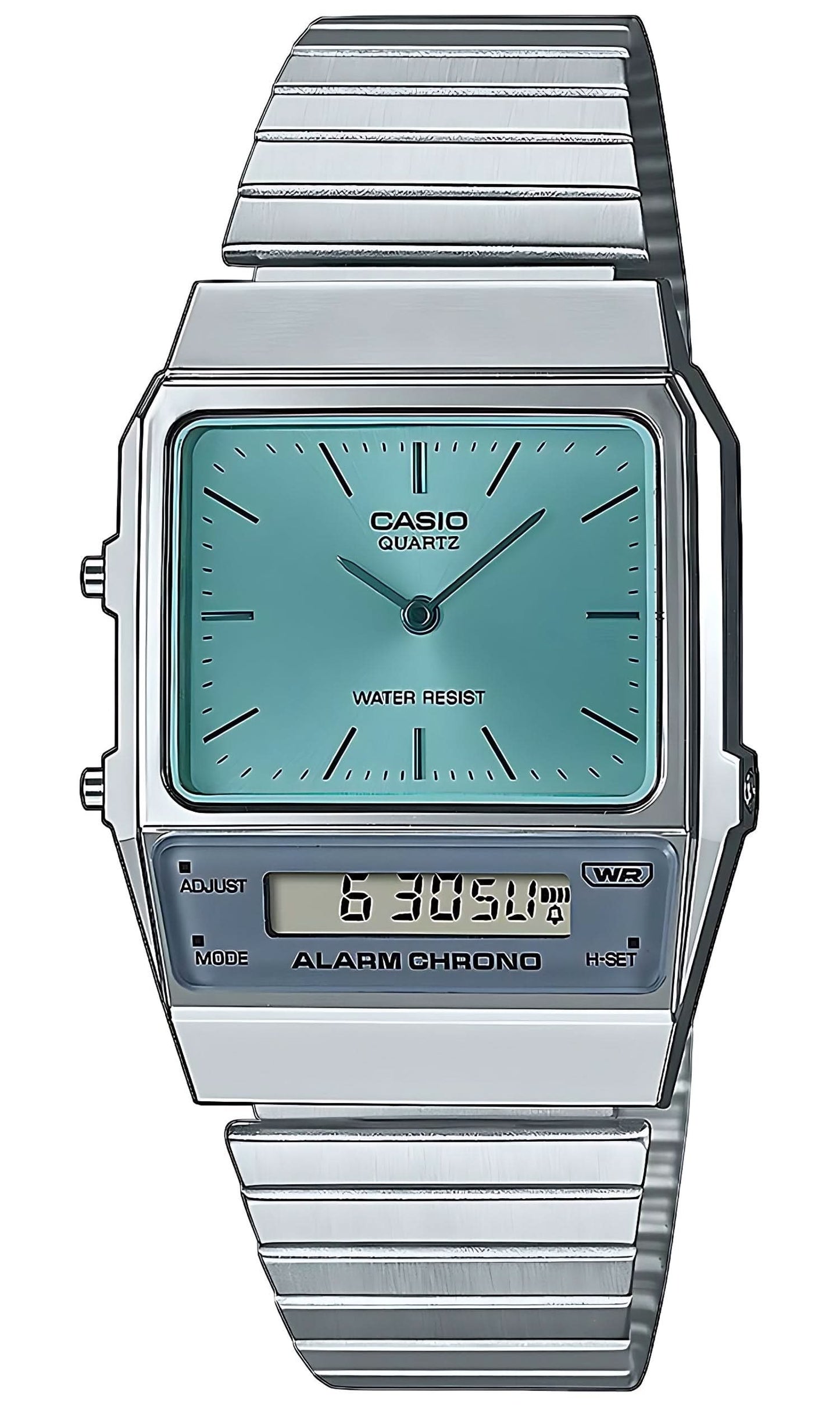 Casio Vintage-klocka med turkos urtavla, metallarmband och digital display