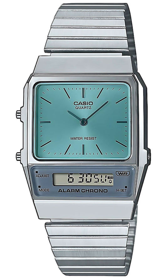 Casio Vintage-klocka med turkos urtavla, metallarmband och digital display