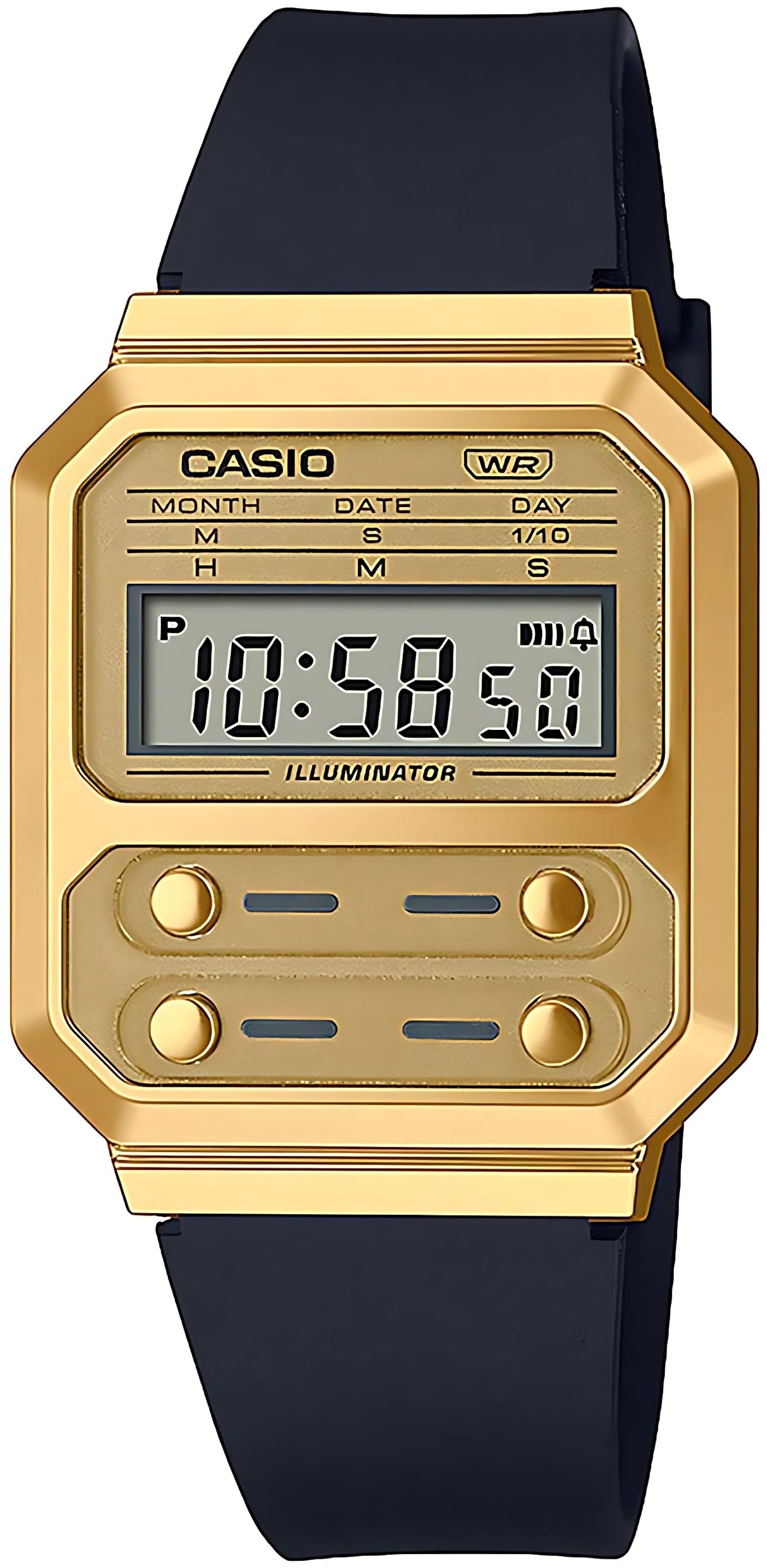 Casio Retro digital klocka med guldfärgat hölje och svart armband, rektangulär display