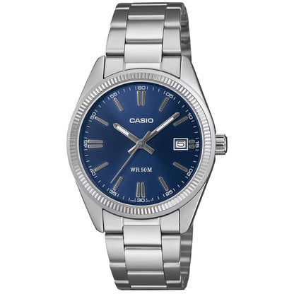 Zegarek naręczny Casio z niebieską tarczą, datownikiem, bransoletą ze stali szlachetnej i szkłem mineralnym