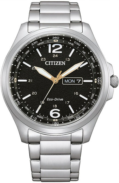 Herrenarmbanduhr Citizen Eco-Drive aus Edelstahl mit schwarzem Zifferblatt und Datumsanzeige