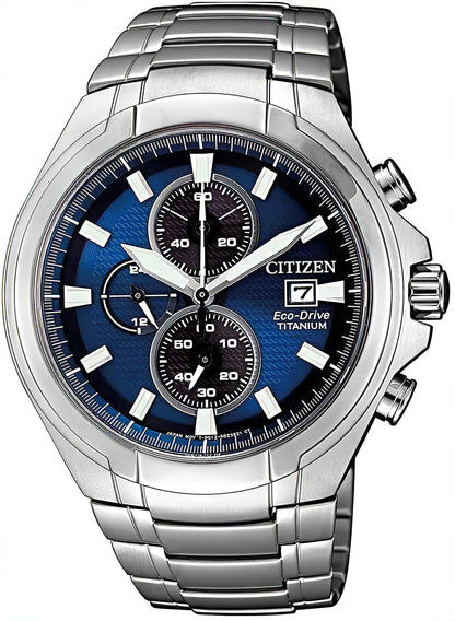 Citizen Herrenarmbanduhr mit blauem Zifferblatt, Chronographen-Drückern und Metallarmband