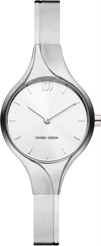 Damenuhr mit silbernem Metallarmband, rundem Gehäuse und weißem Zifferblatt, minimaler Zeitanzeige