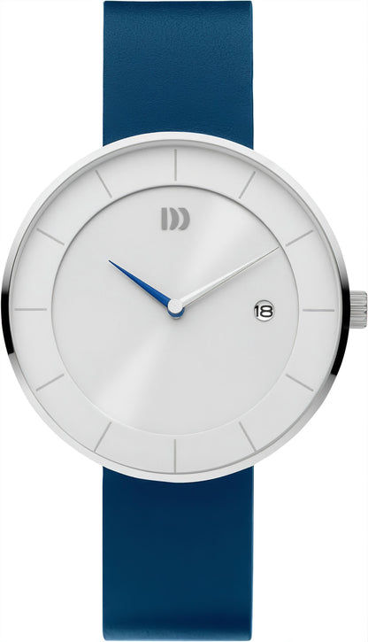 Herren-Solararmbanduhr mit rundem silbernem Gehäuse, blauem Lederband und Datumsanzeige 18