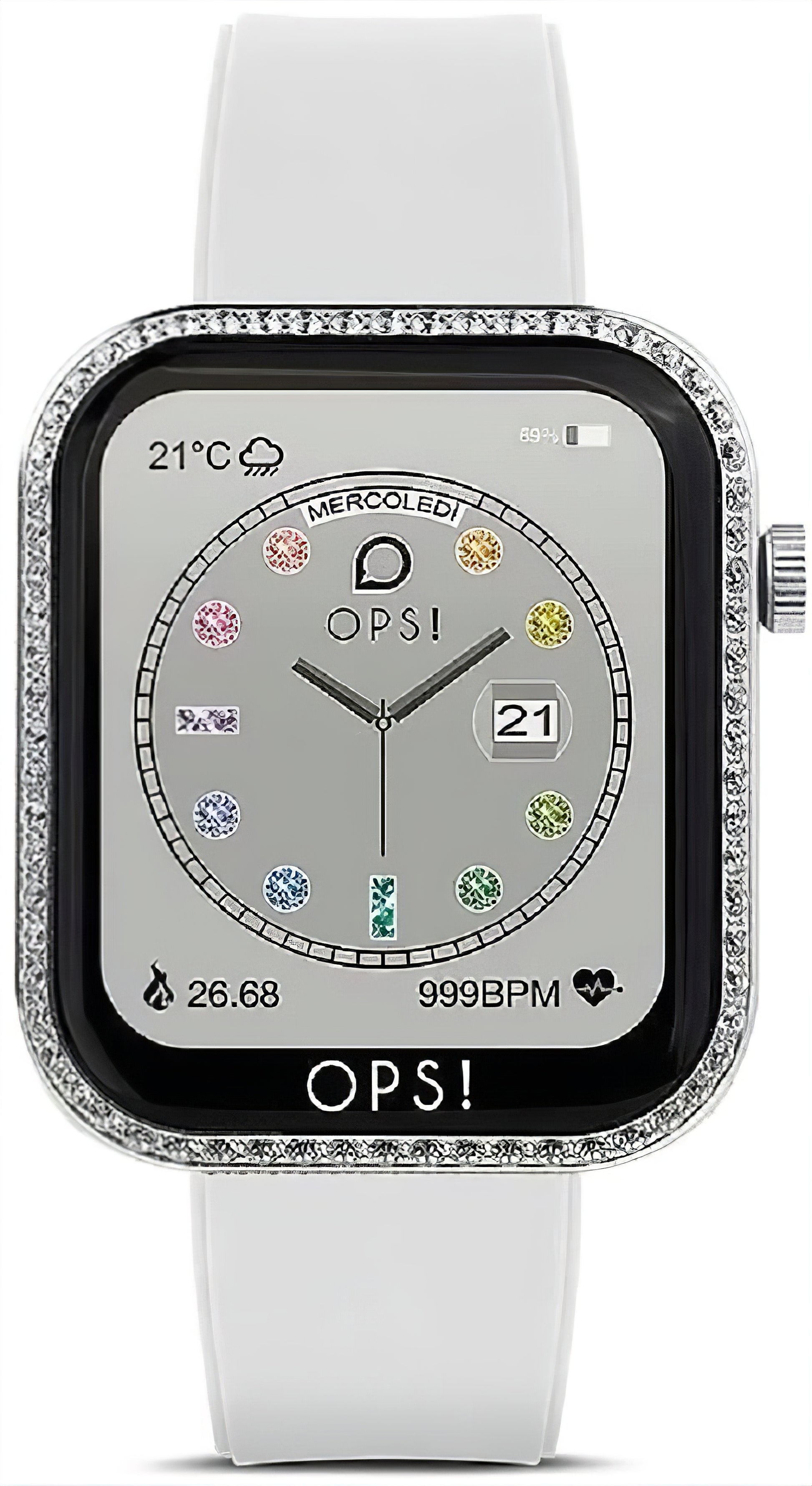 Unisex smartwatch z białym silikonowym paskiem, kwadratowym wyświetlaczem i ramką z cyrkoniami