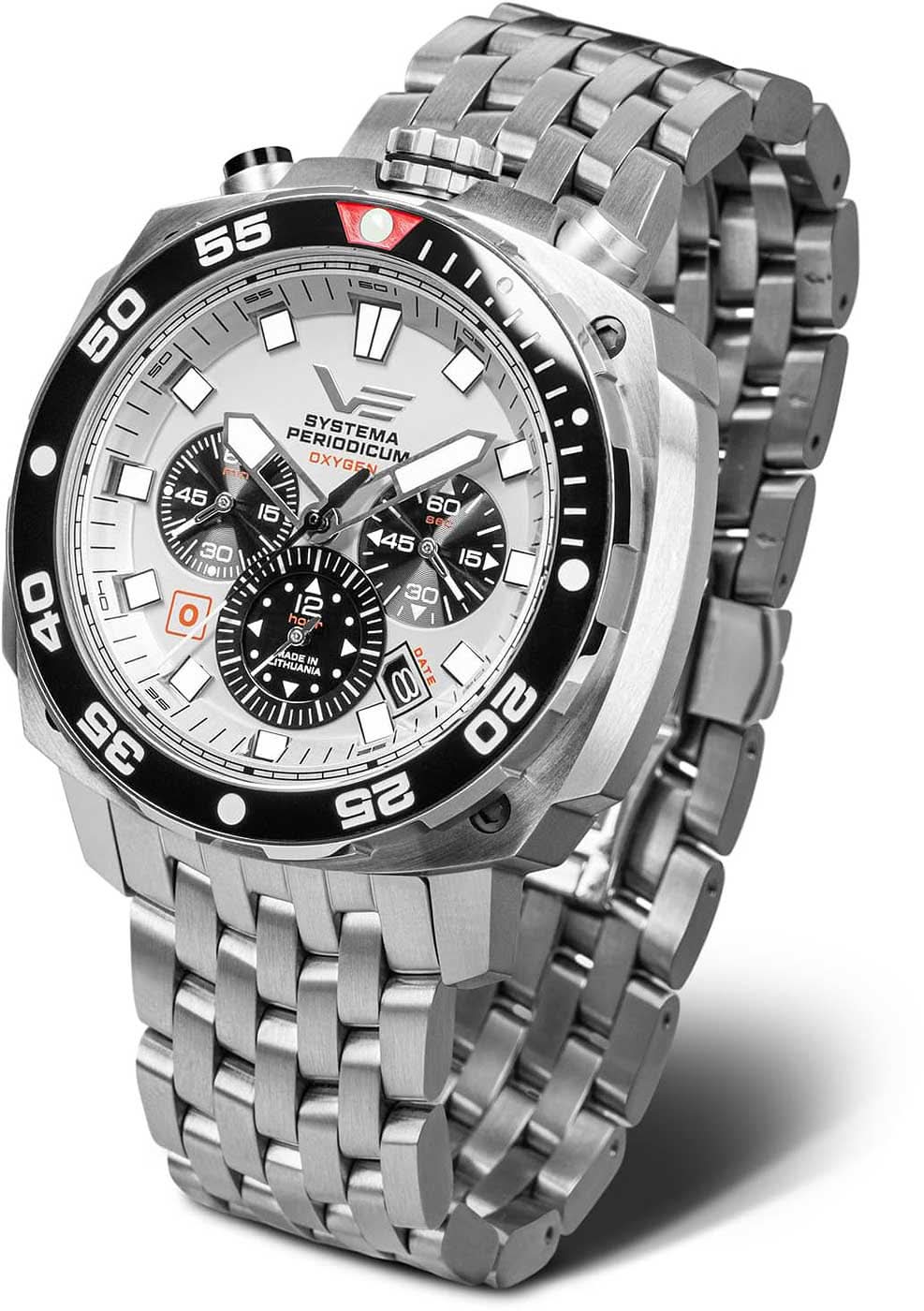 Vostok Europe herrklocka med stållänk, svart urtavla och kronograf-look
