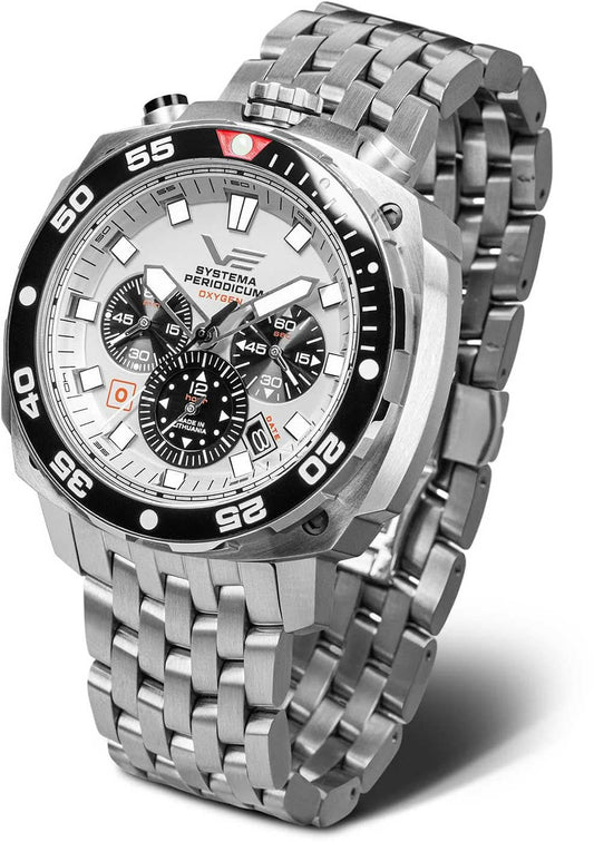 Vostok Europe herrklocka med stållänk, svart urtavla och kronograf-look