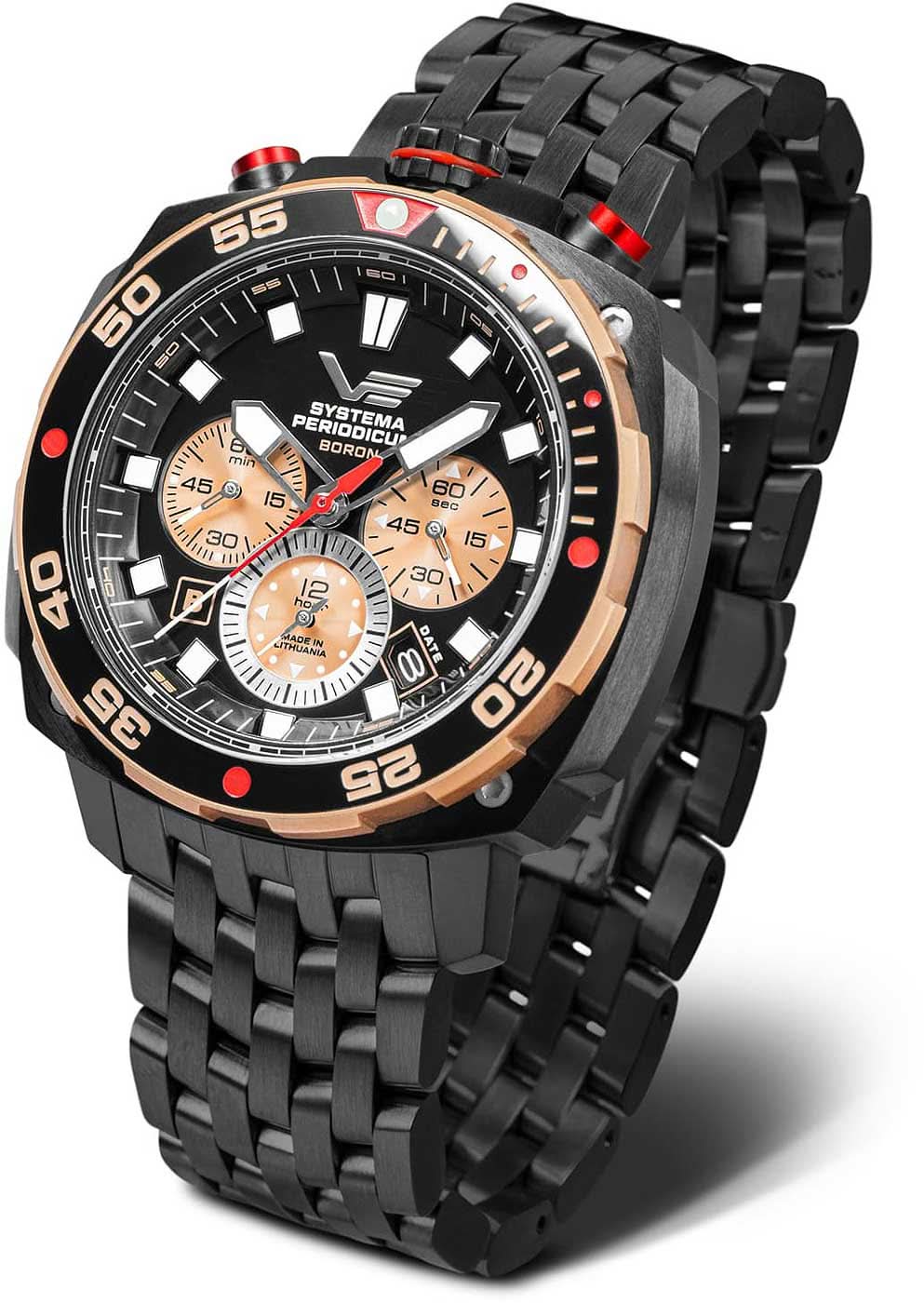 "Herrklocka med svart armband och svart urtavla, orange accenter, datumvisning"
