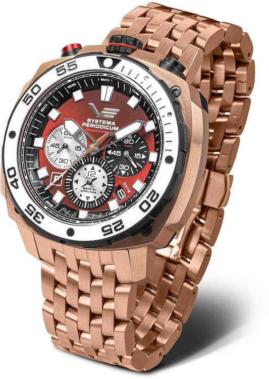 Herrklocka med roséguldigt metallarmband, rund boett och röd urtavla