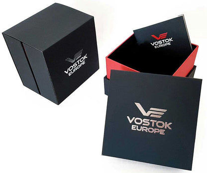 Presentbox för herrklocka, svart kartong med Vostok Europe-logotyp