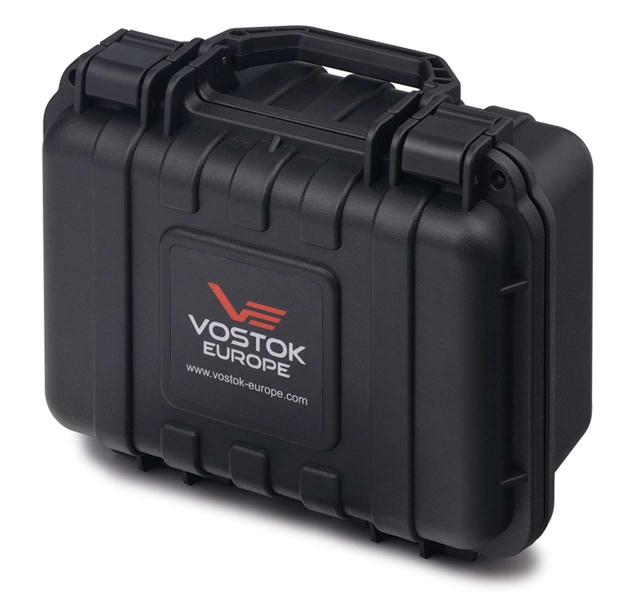 Transportväska för herrur, svart hårt fodral med Vostok Europe-logotyp.