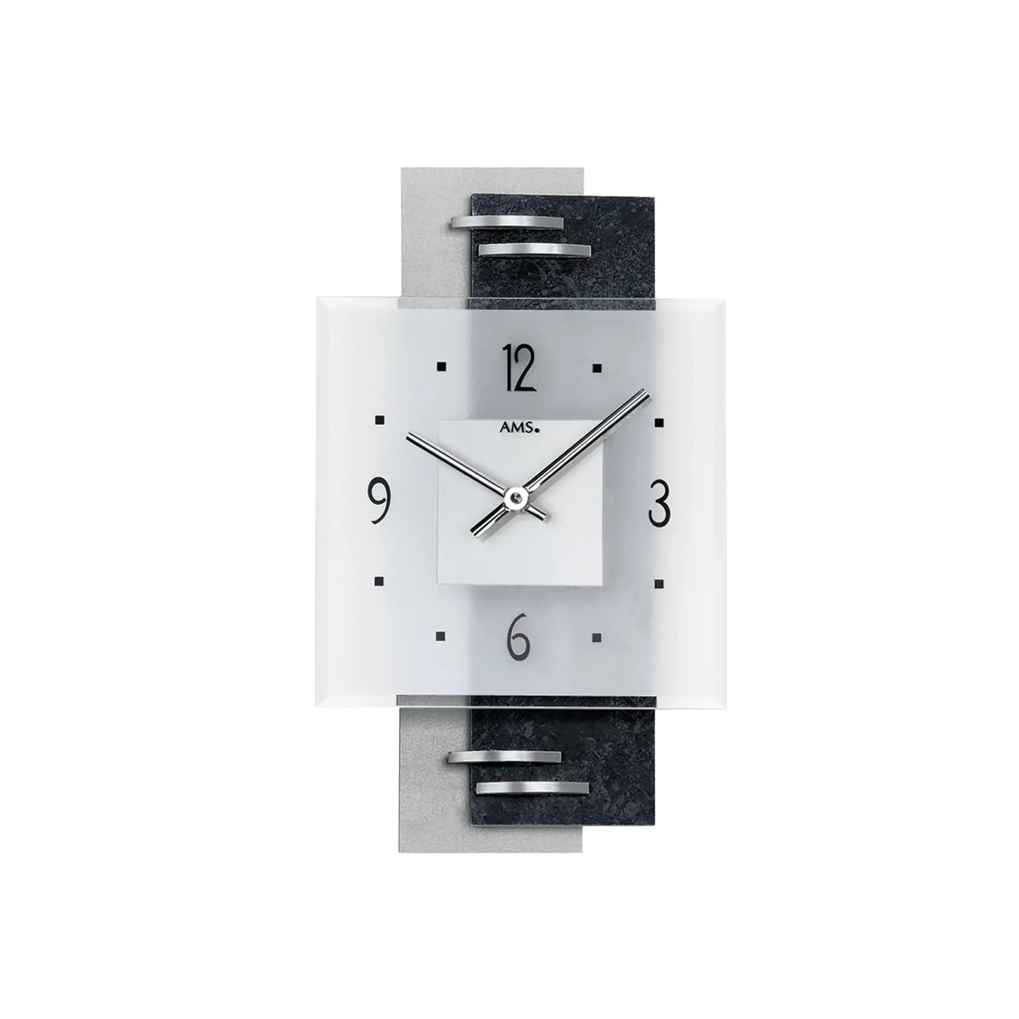 AMS Quarz-Wanduhr aus Schiefer & Glas mit silbernen Zeigern, weißes Zifferblatt
