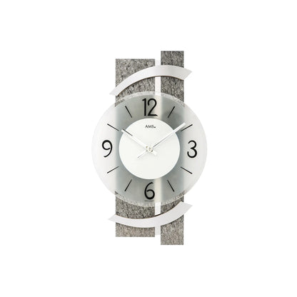 Wanduhr mit rundem Ziffernblatt, grauem Steinrahmen und weißen Zeigern
