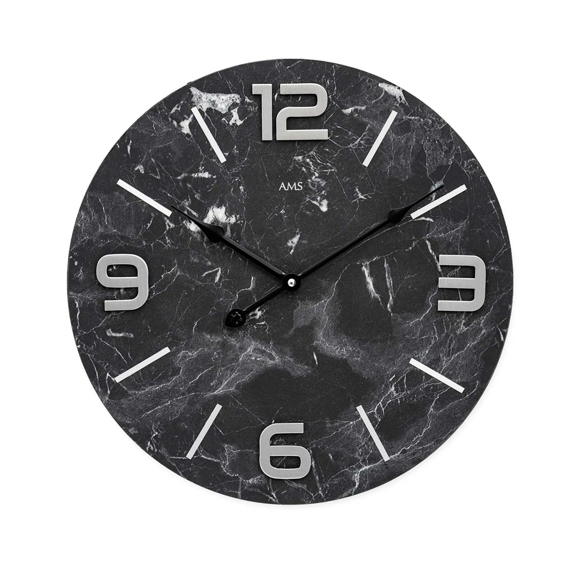 Runde Wanduhr mit anthrazitfarbenem Marmormuster-Zifferblatt und Metallziffern