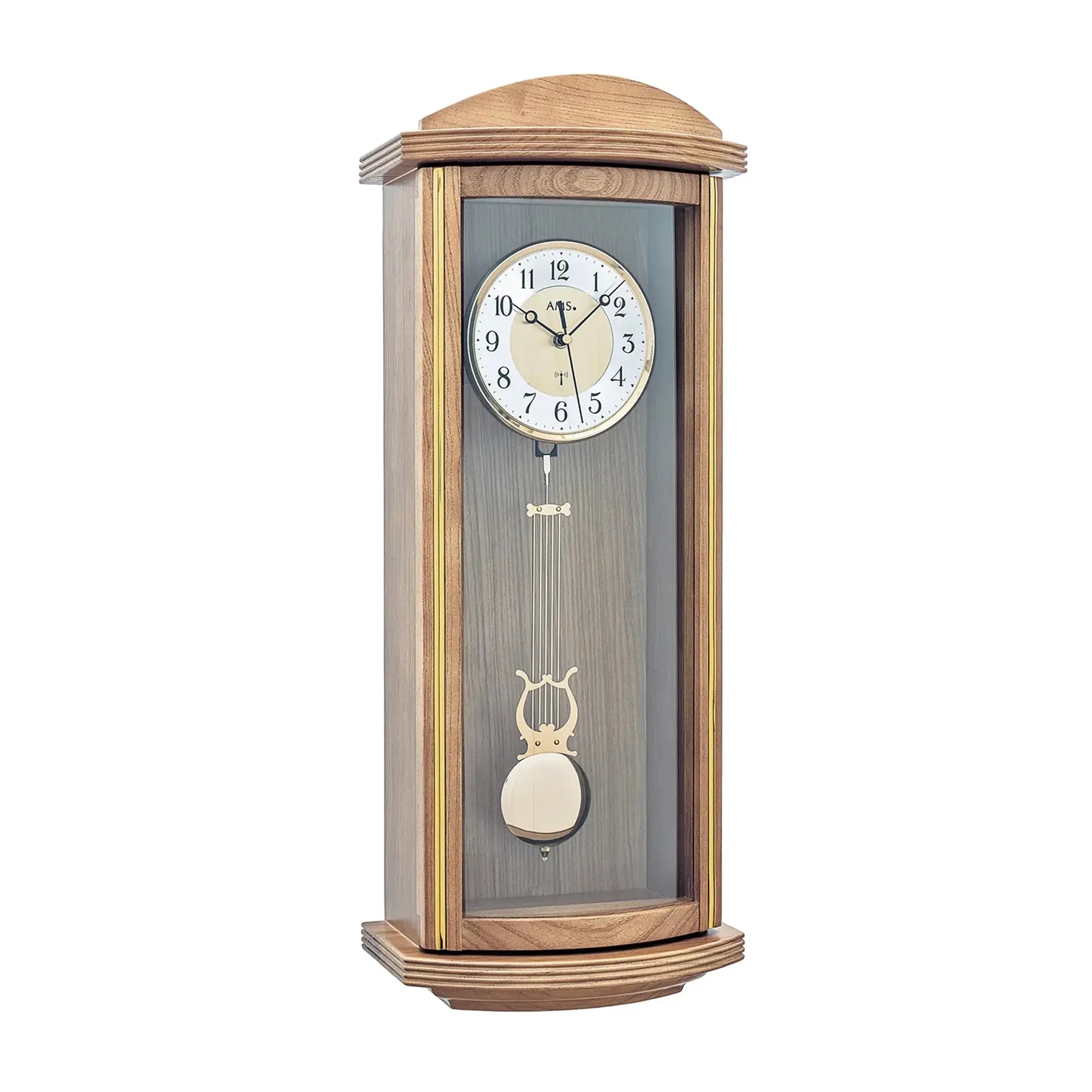Väggklocka med ekollonfärgat träfodral, blågrå urtavla och pendelmotiv