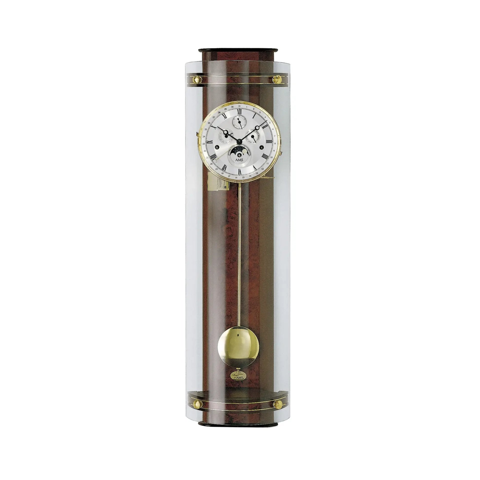 Regulator-Wanduhr im Glaszylinder mit Zifferblatt und goldener Pendelkugel