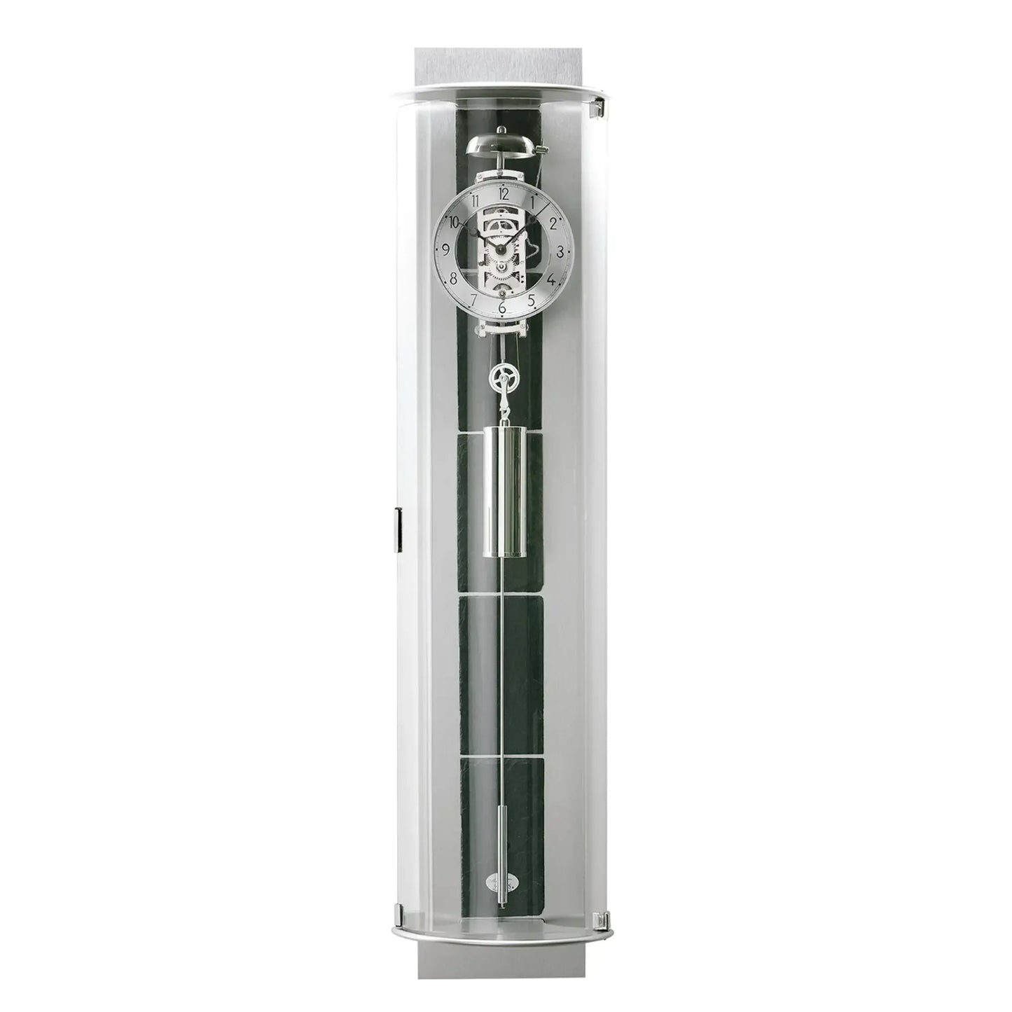 Väggklocka i transparent cylinder med mekaniskt urverk och inslag av grön skiffer