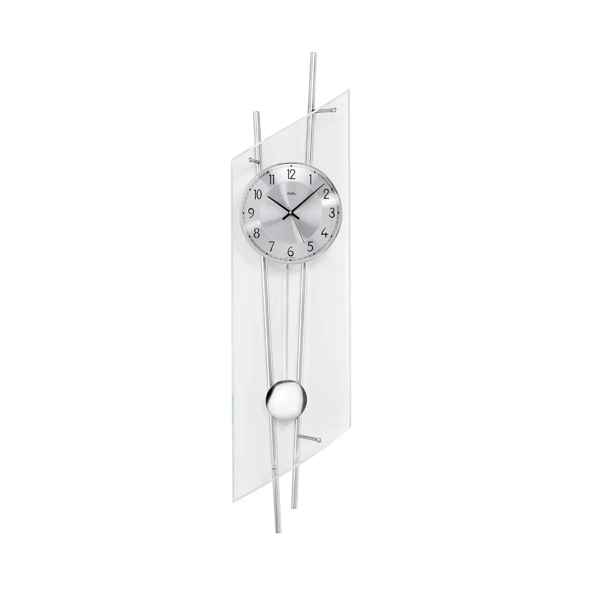 Wanduhr mit rundem Zifferblatt, silbernen Stangen und transparentem Glasrahmen