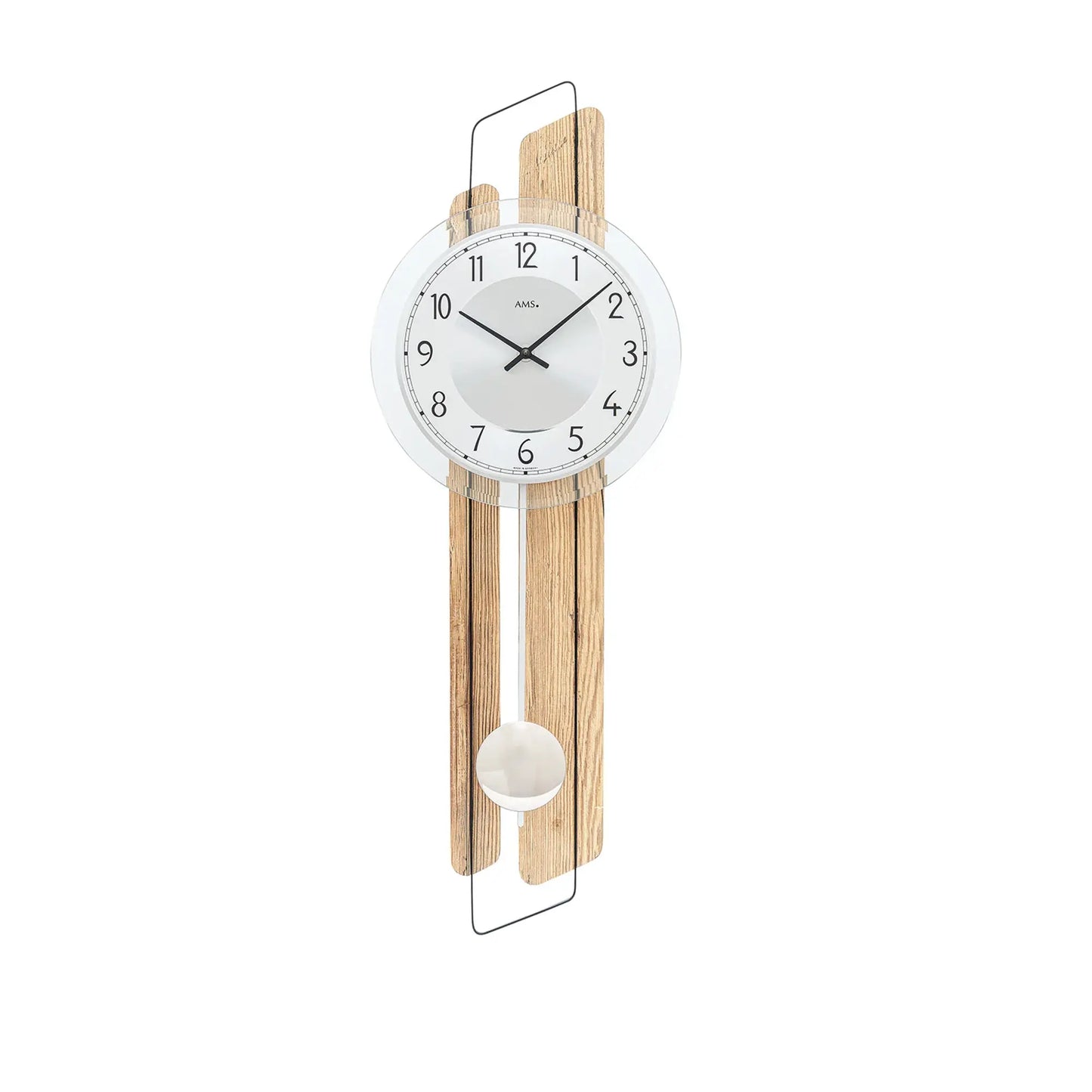 Wanduhr mit rundem Zifferblatt, Holzleisten und Facetten-Mineralglas