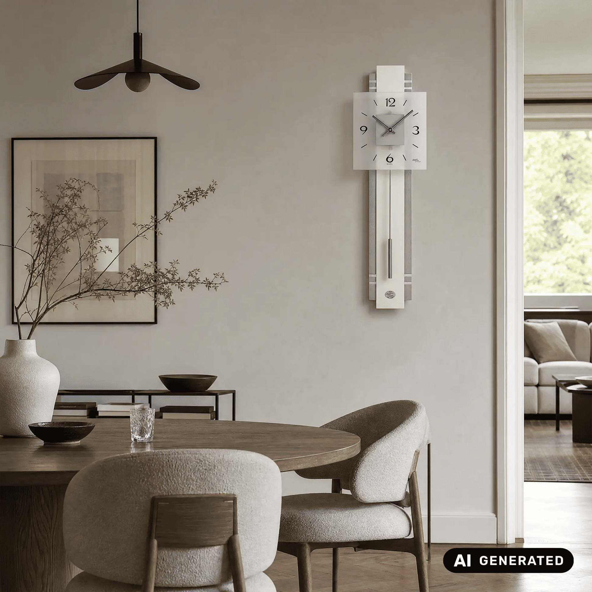 Wanduhr an der Wand mit quadratischem Zifferblatt und silbernen Pendelstäben