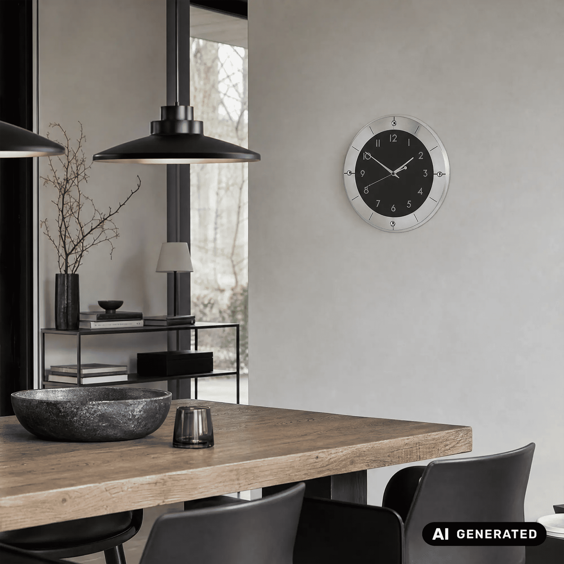 Runde Wanduhr: schwarzes Zifferblatt mit silbernen Zeigern und Aluminiumgehäuse