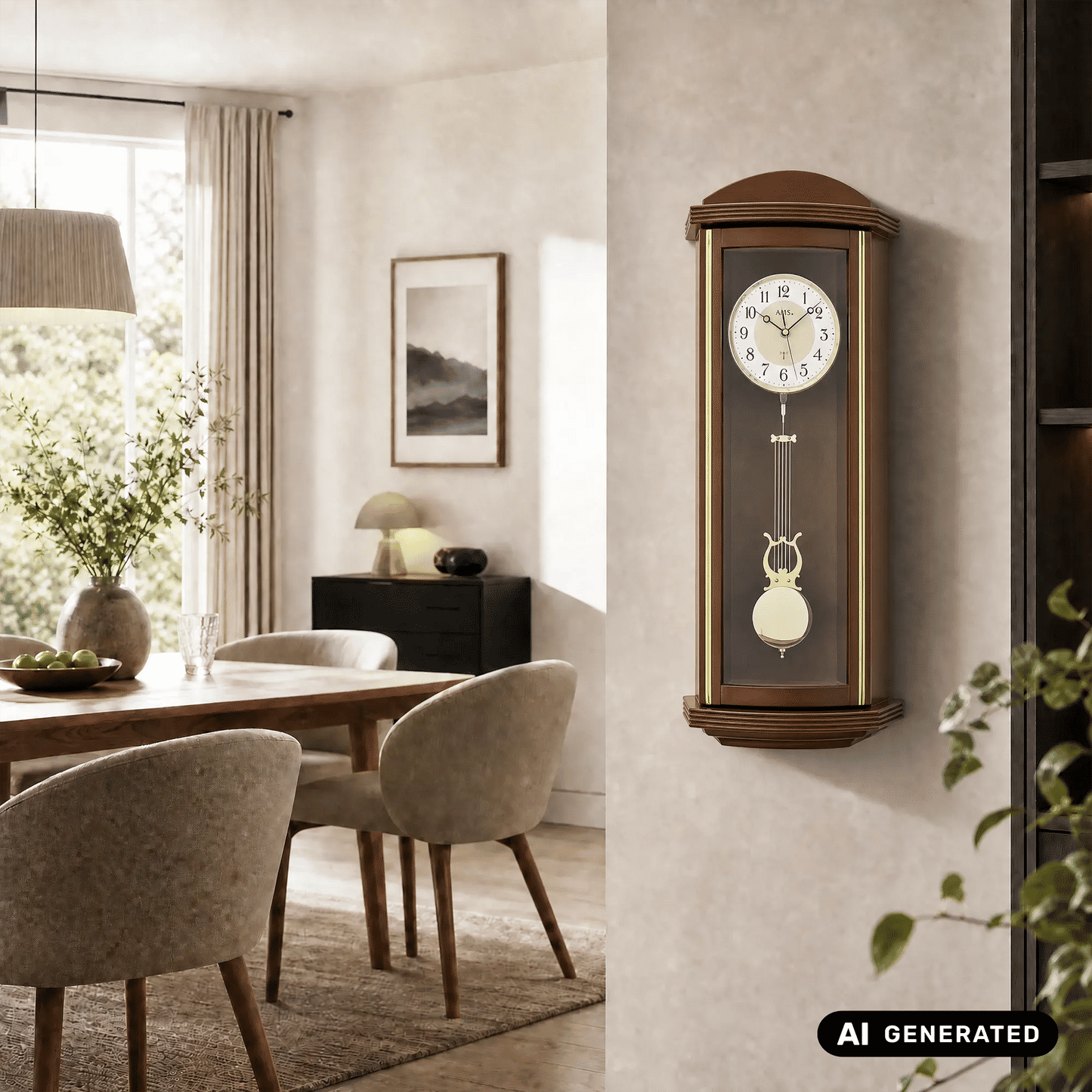 Walnussbraune Funk-Pendelwanduhr mit Glasfront und sichtbarem Pendel, Ziffernblatt