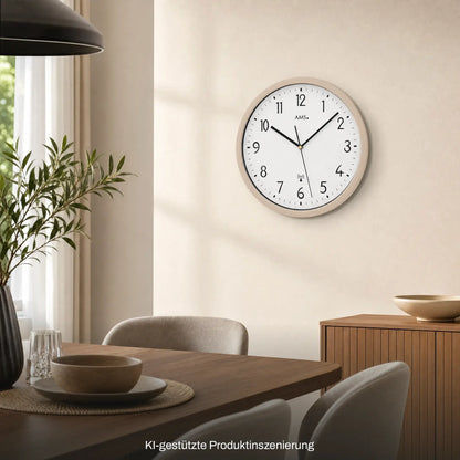 AMS Funk-Wanduhr, rundes Zifferblatt mit Mineralglas, beiger Rand