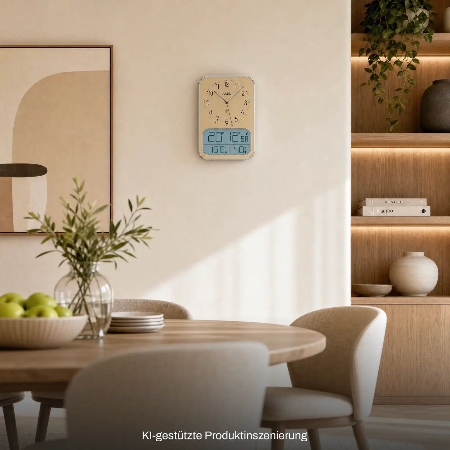 Wanduhr mit LCD-Display und goldfarbener Holzoptik, an der Wand montiert