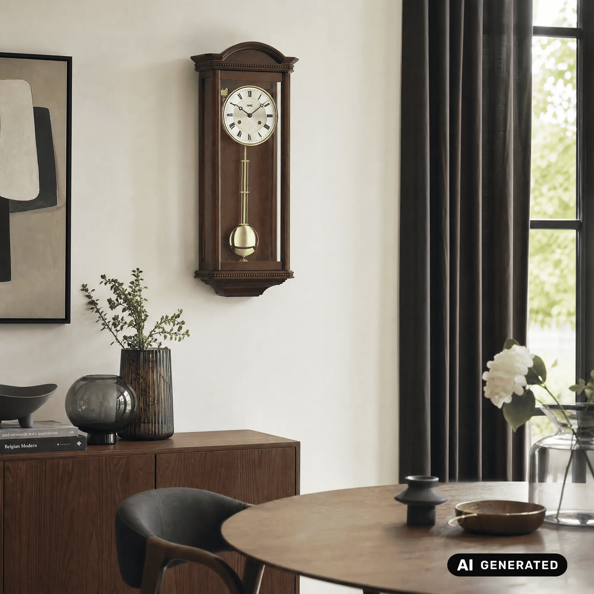 Wanduhr an der Wand: Nussbaumholzgehäuse, weißes Zifferblatt und vergoldetes Pendel