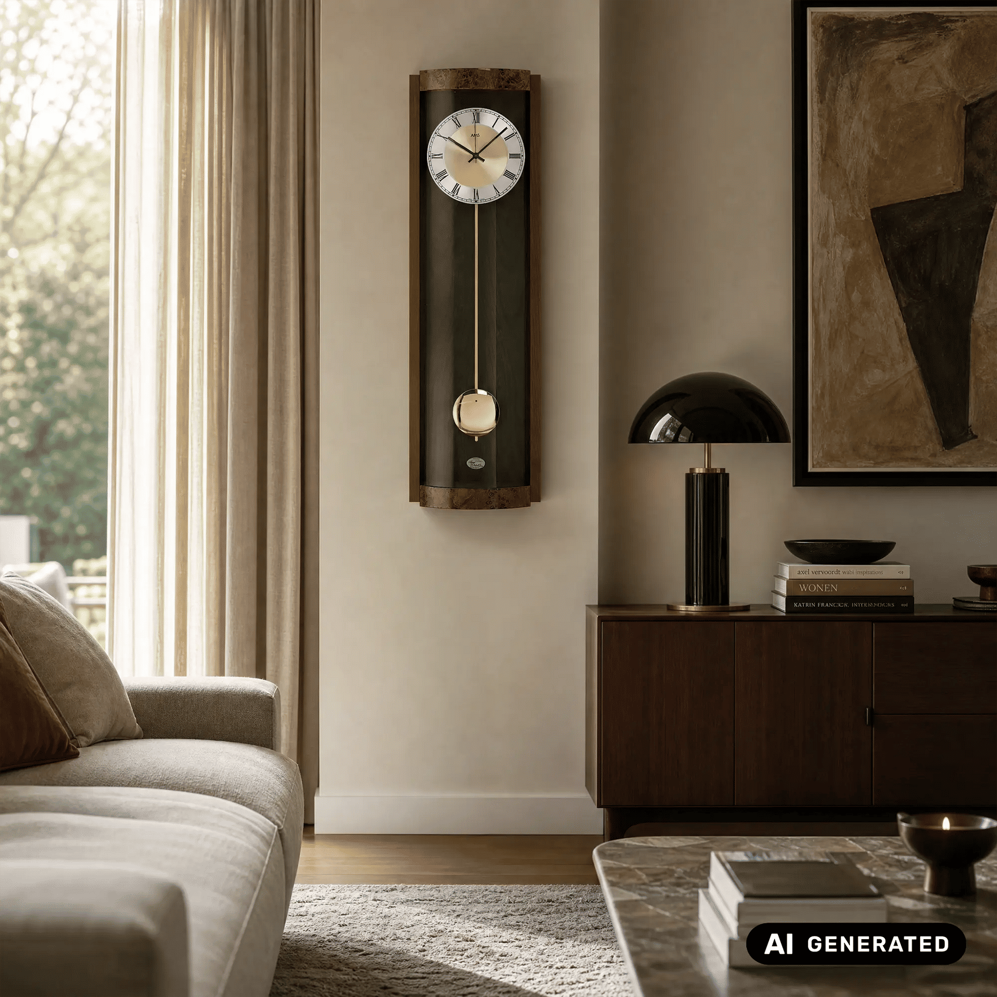 Wanduhr mit rechteckigem Holzrahmen, rundem Zifferblatt und Pendel