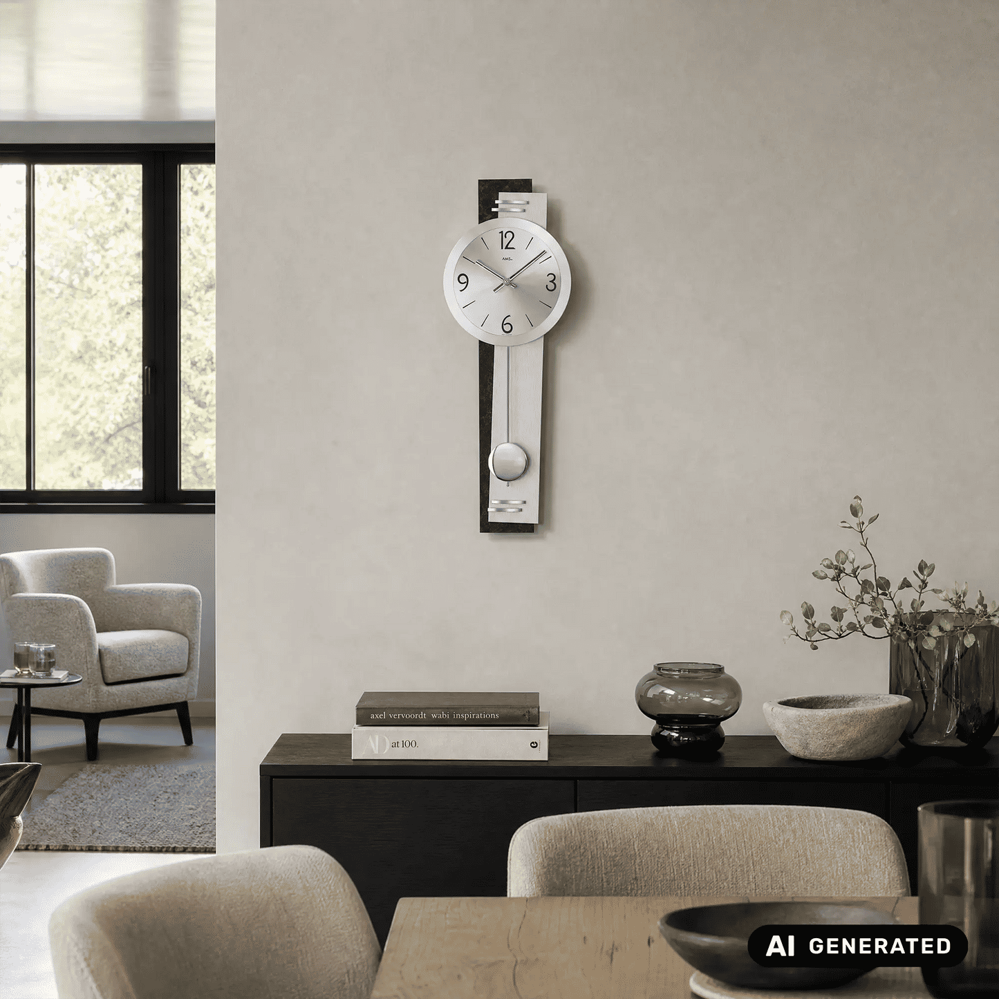AMS W7255 Zegar ścienny z łupka • Mechanizm kwarcowy z wahadłem • Szkło mineralne