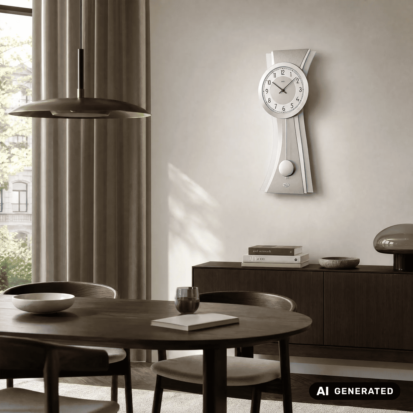 Zegar wahadłowy kwarcowy AMS W7268, zegar ścienny, aluminium • szkło mineralne • metalowa tarcza