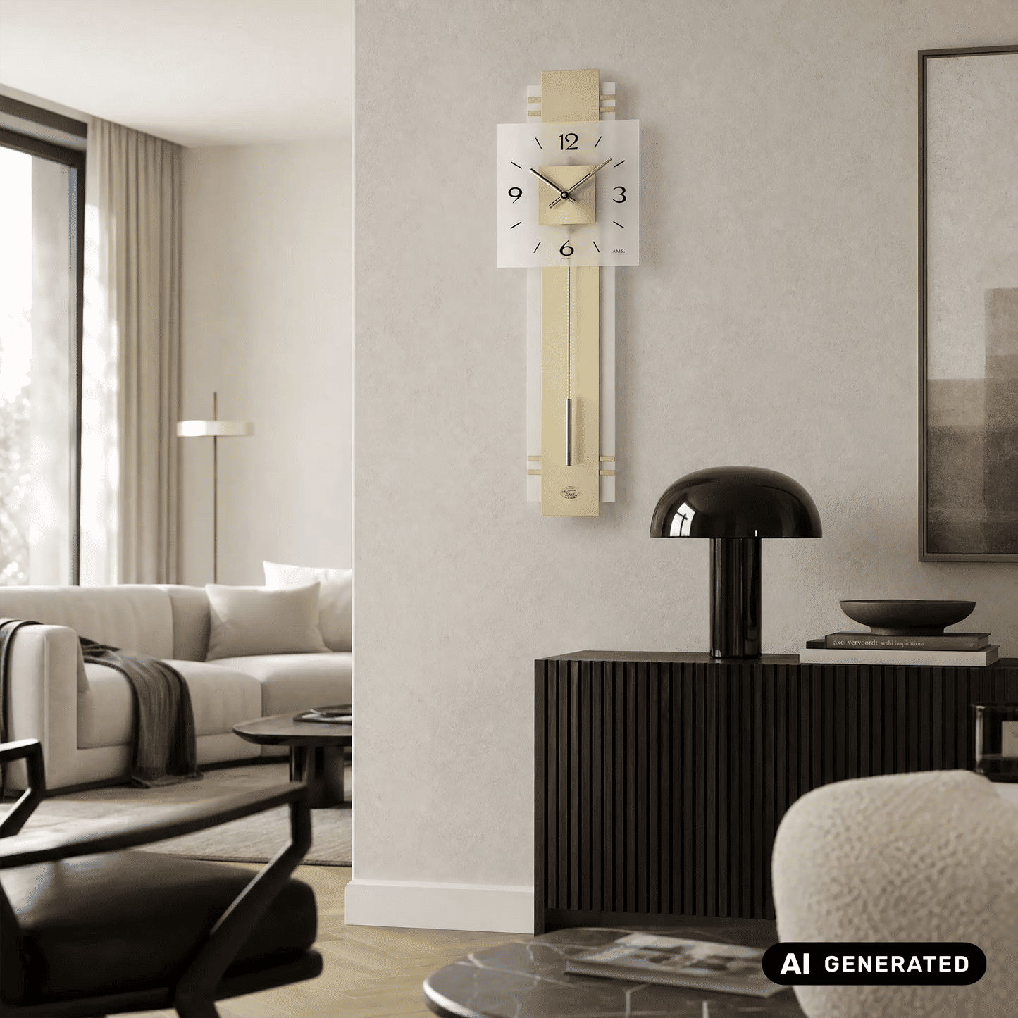 Zegar wahadłowy AMS W7301 zegar ścienny orzech/biały • mechanizm kwarcowy z wahadłem • szkło mineralne