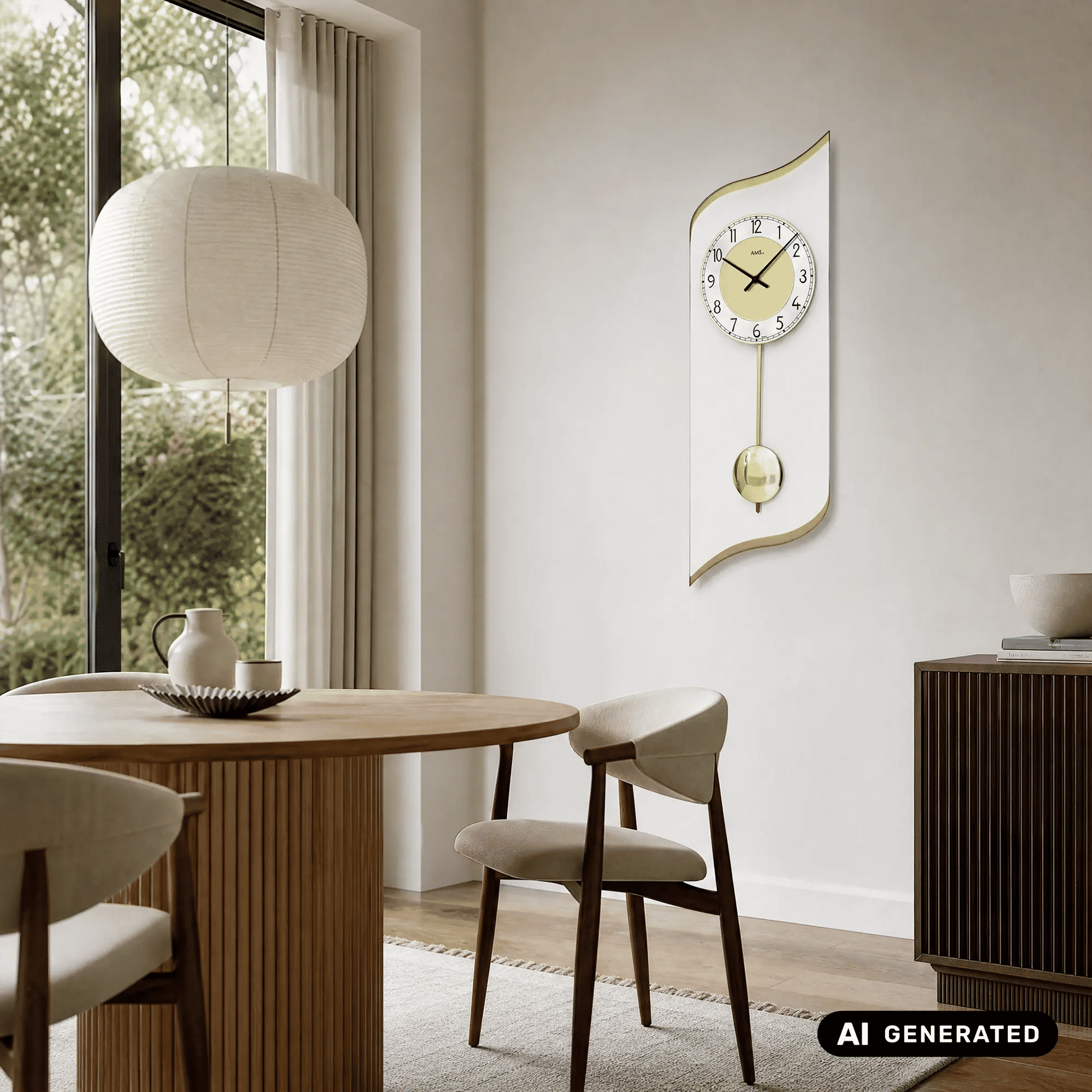 Wanduhr an der Wand mit goldfarbener Umrandung und goldenem Pendel, weißes Zifferblatt