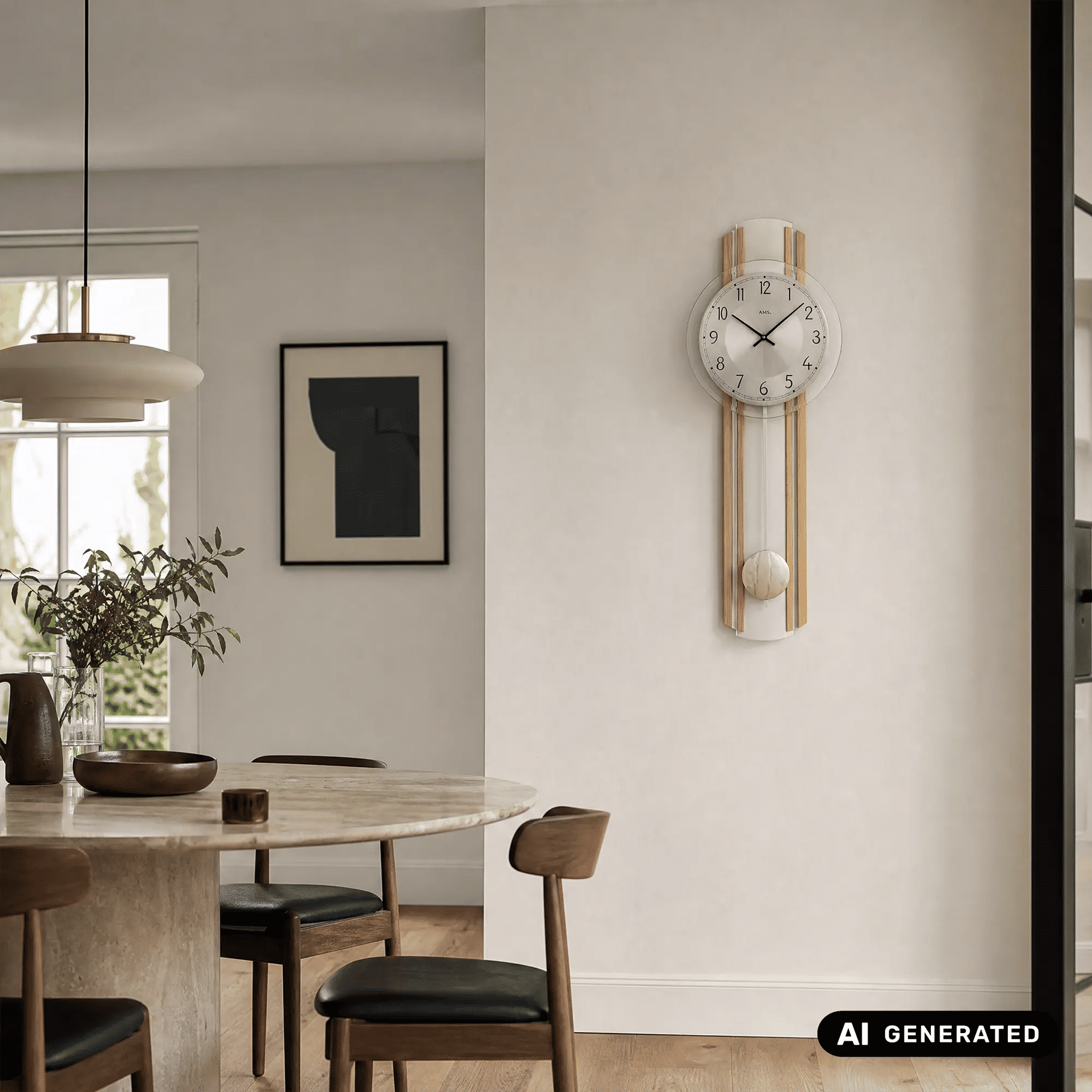 Wanduhr an der Wand: rundes Ziffernblatt mit Holzrahmen und weißem Pendel