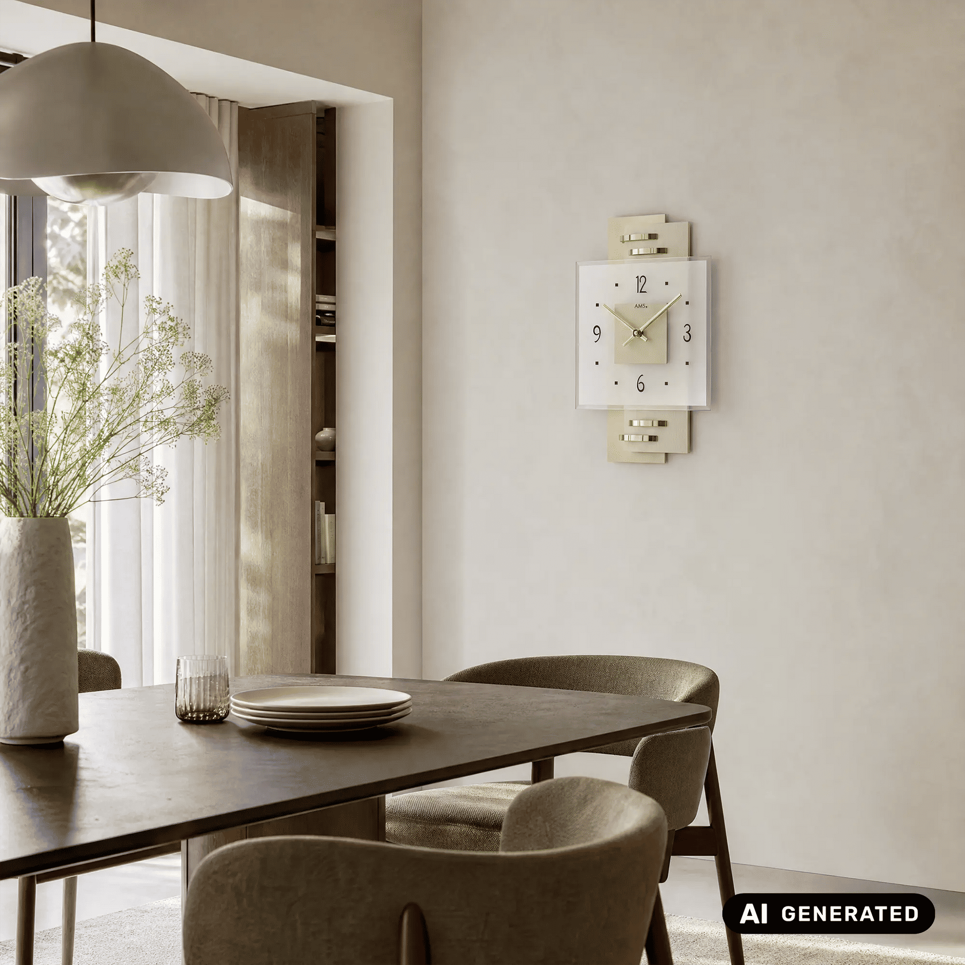 AMS Wanduhr an Wandmontage, rechteckige weiße Abdeckung, goldene Zeiger und Ziffern