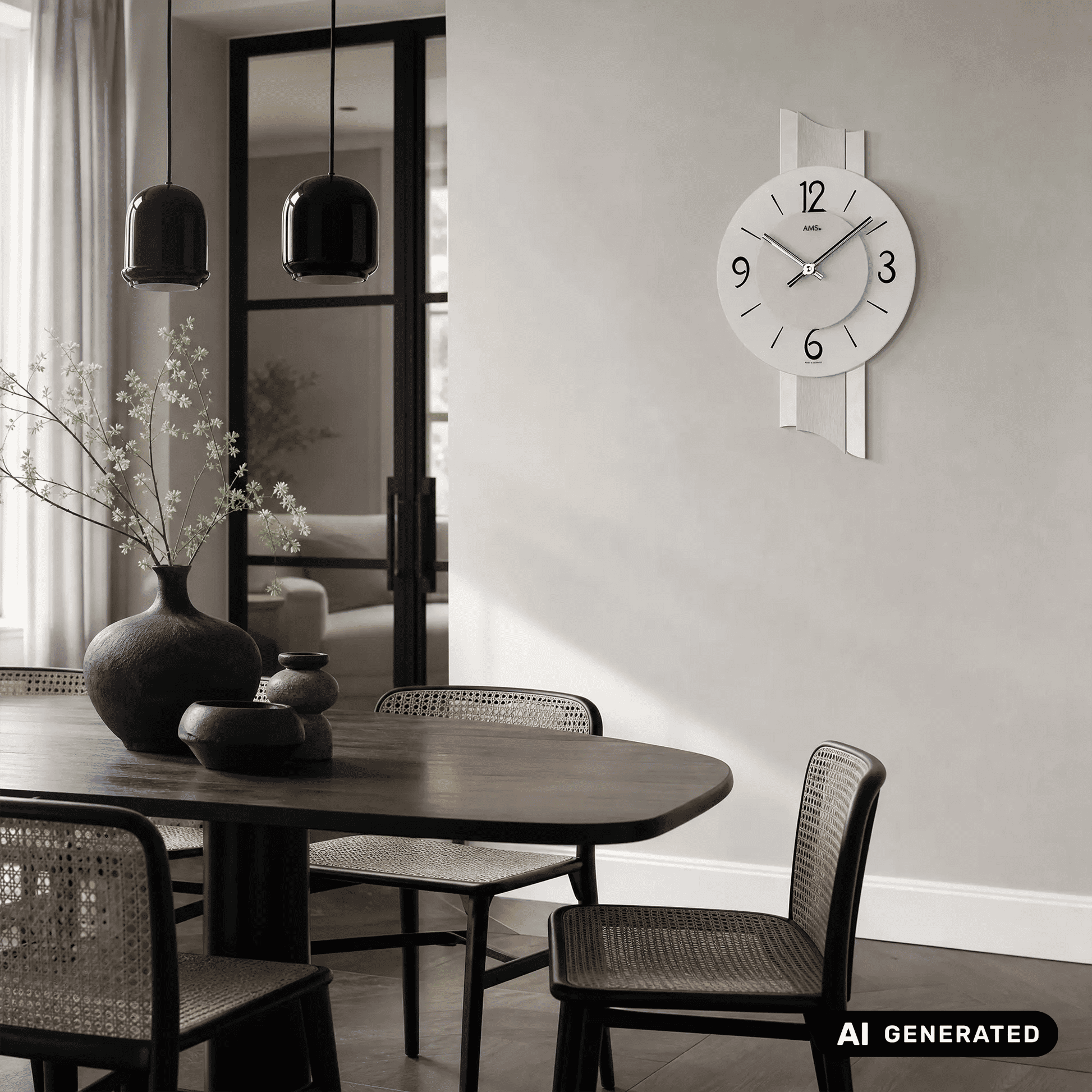 Wanduhr an der Wand mit rundem weißem Zifferblatt, schwarzen Ziffern, silbernen Zeigern