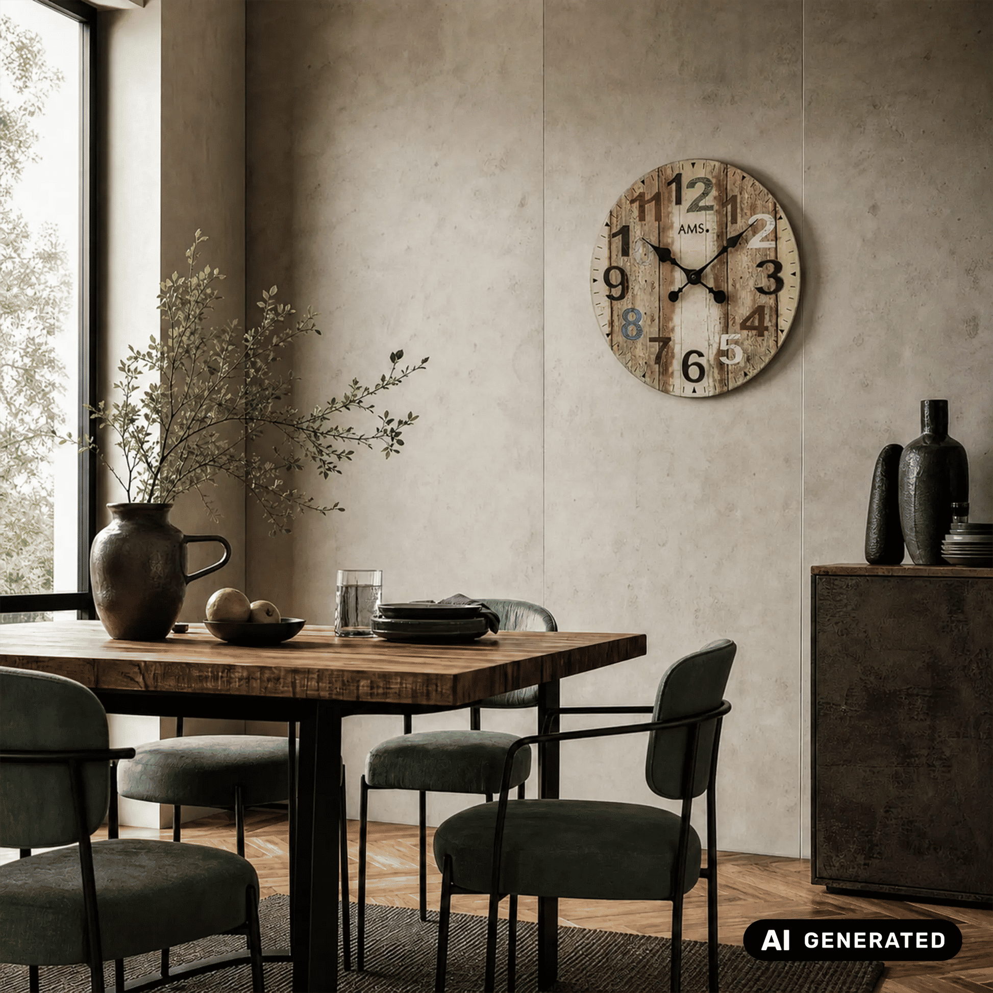 Bedruckte Wanduhr an der Wand, bräunliches Ziffernblatt, schwarze Zeiger, Mineralglas