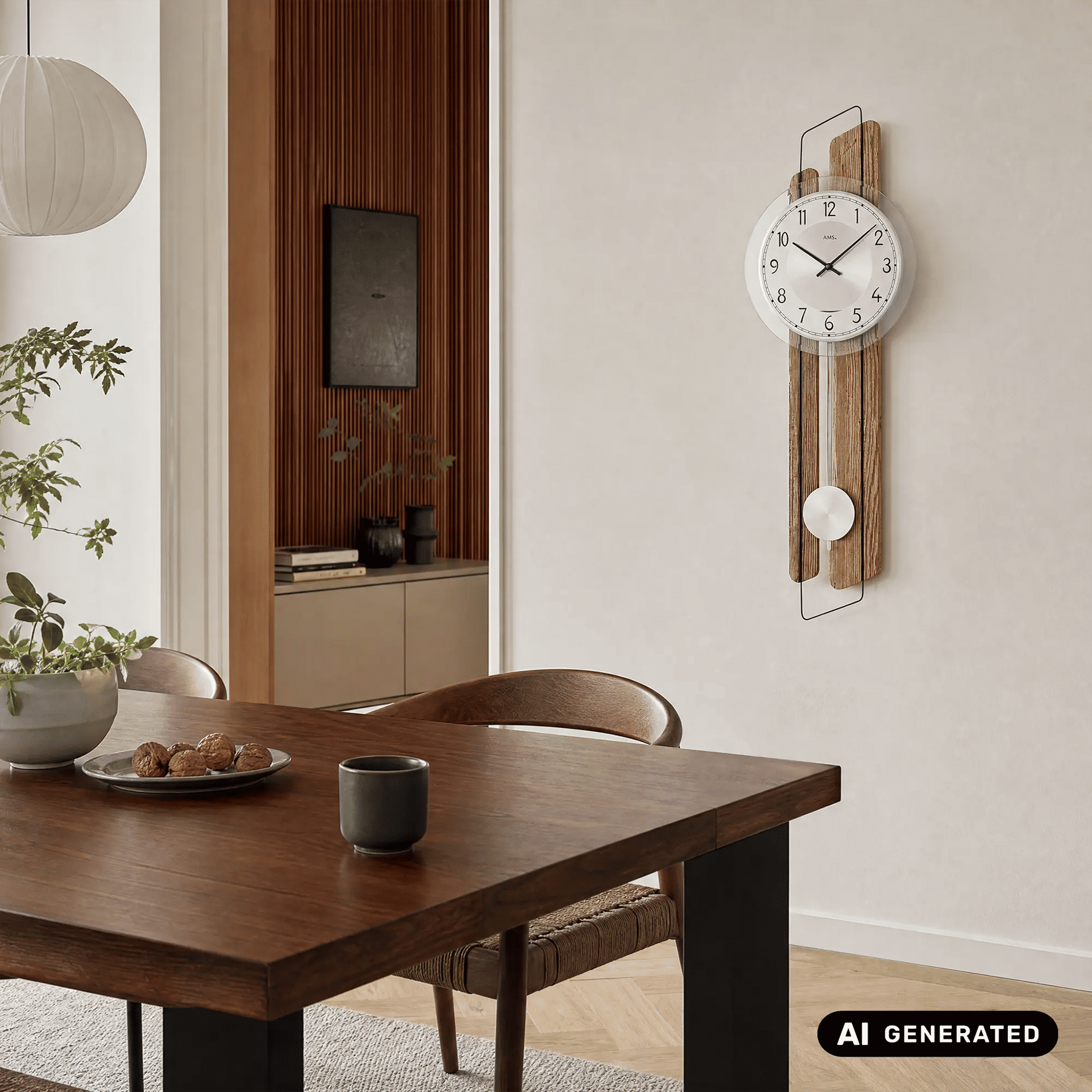 Wanduhr mit Holzfront, rundem Zifferblatt und weißer Pendelkugel