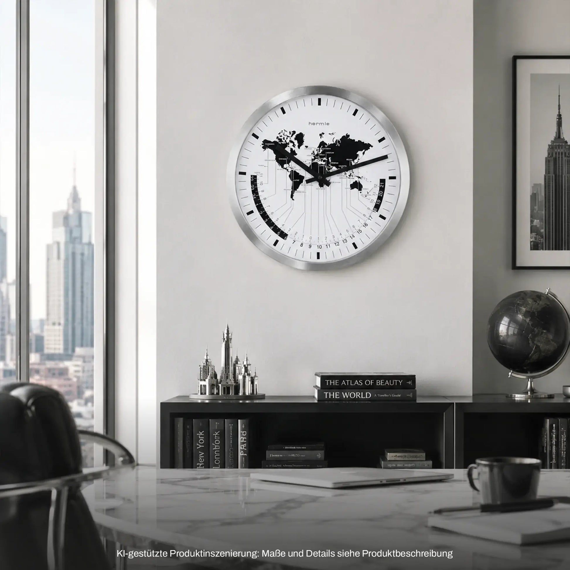 Runde Wanduhr an der Wand, Metallrahmen, weißes Ziffernblatt mit schwarzer Weltkarte