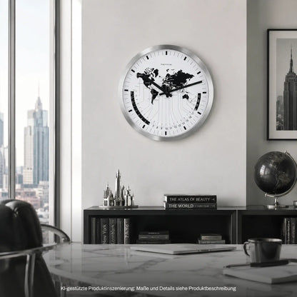 Runde Wanduhr an der Wand, Metallrahmen, weißes Ziffernblatt mit schwarzer Weltkarte